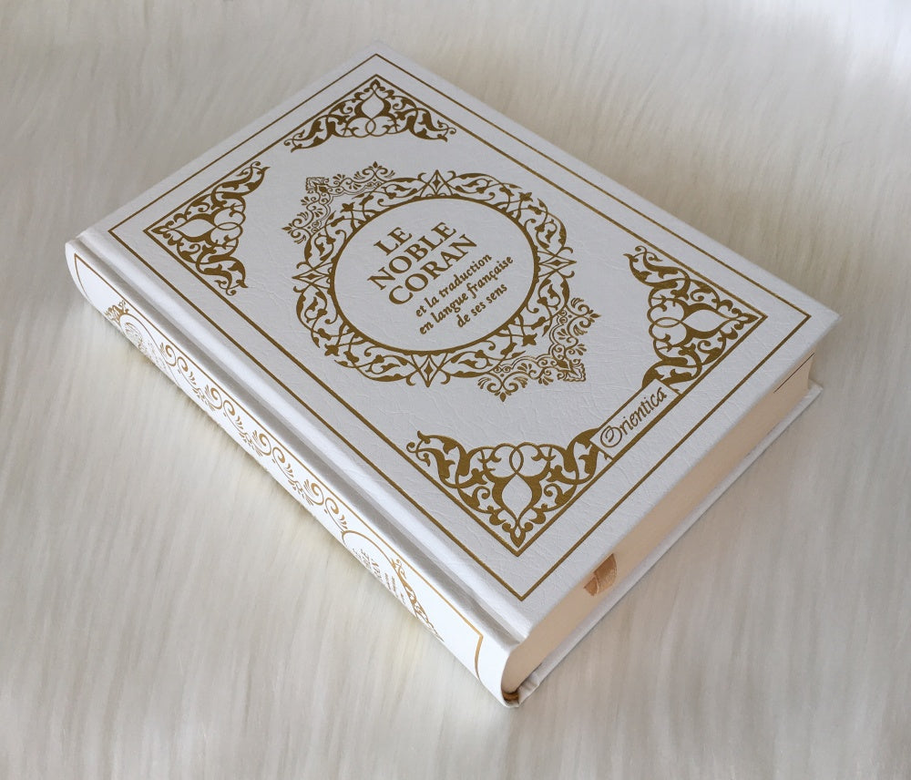 Le Noble Coran bilingue français/arabe avec index des sourates sur le côté - Edition de luxe couverture cartonnée en cuir couleur Blanc doré