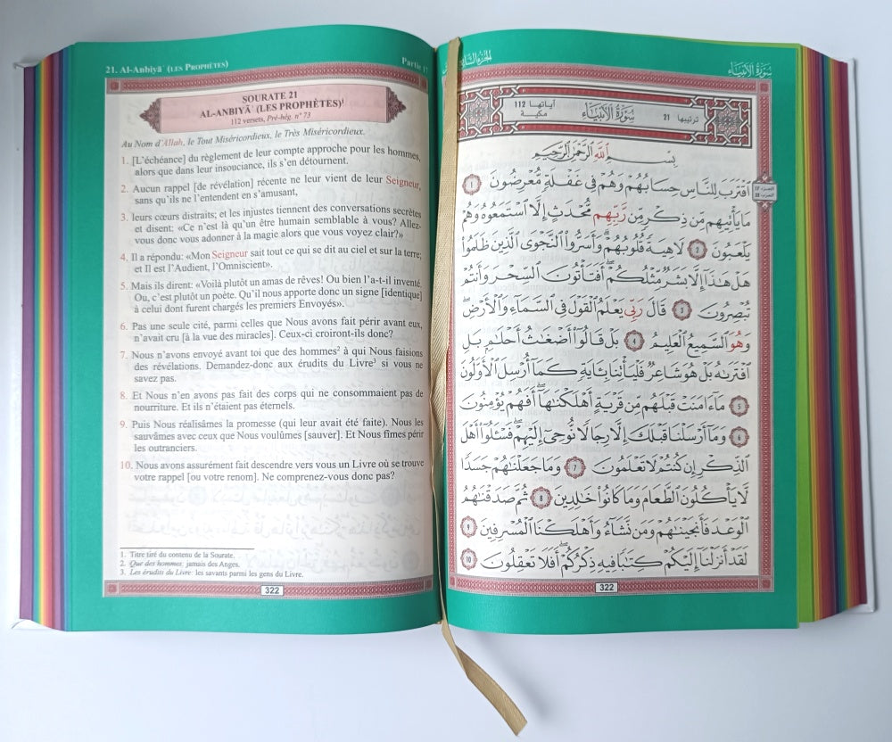 Le Noble Coran avec pages en couleur Arc-en-ciel (Rainbow) - Bilingue (français/arabe) - Couverture Cuir Blanc doré